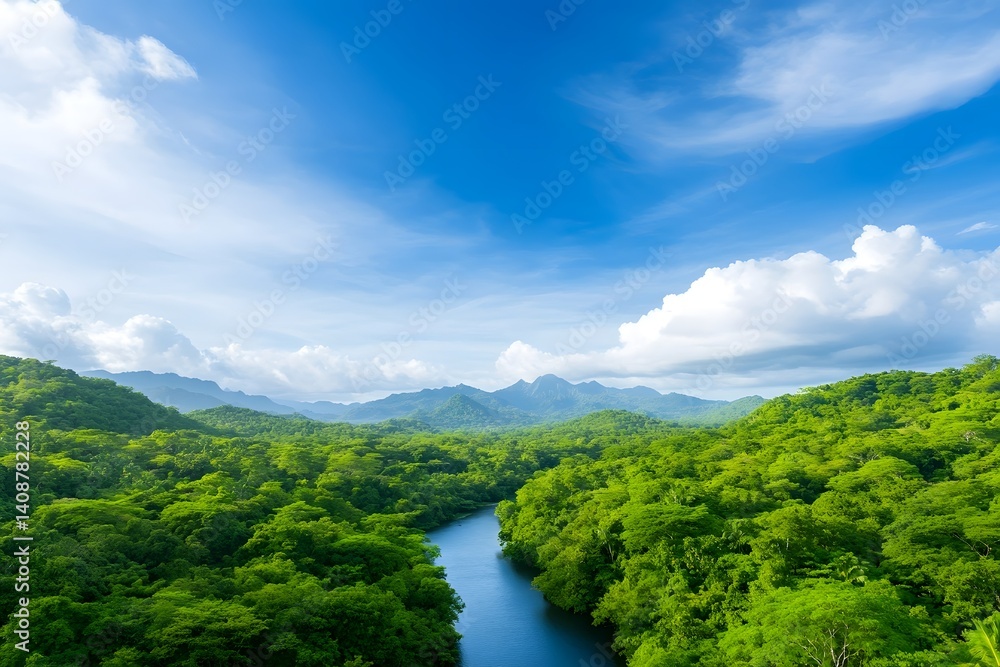 Lush tropical forest landscape with winding river