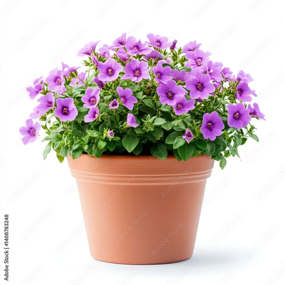 Naklejka premium Stunning Purple Flowers in Terracotta Pot: A Breathtaking Floral Image