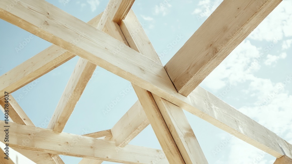 A construction worker installing a roof truss at a construction site. Featuring strength and precision A construction worker installing a roof truss at a construction site. Featuring strength and precision