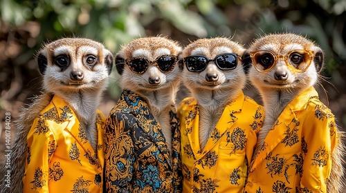 Four meerkats in stylish yellow jackets and sunglasses
