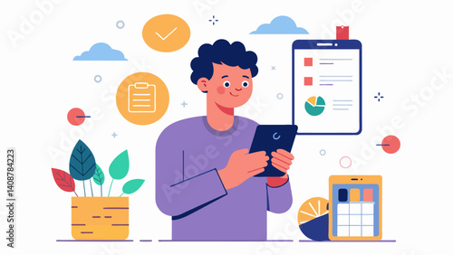 A person living paycheck to paycheck uses a budgeting app to help them identify areas where they can save money and build an emergency fund.. Vector illustration