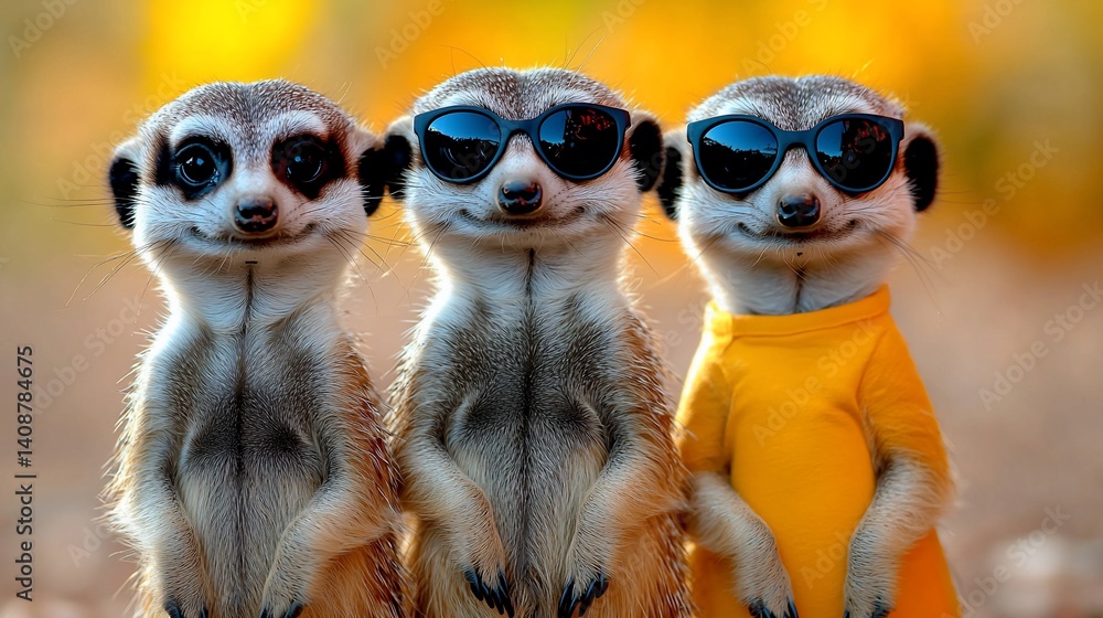 Fototapeta premium Three meerkats wearing sunglasses and yellow shirts, posing together