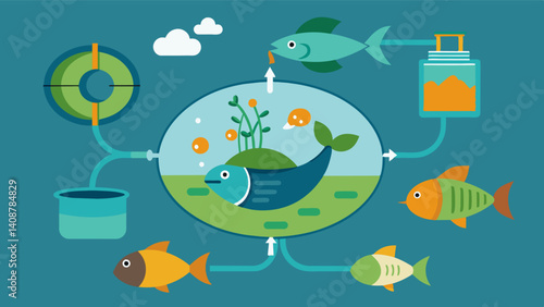 Development of a closedloop system where waste from fish is converted into nutrients for algae which is then used as feed in the smart feeding system promoting sustainability and. Vector illustration
