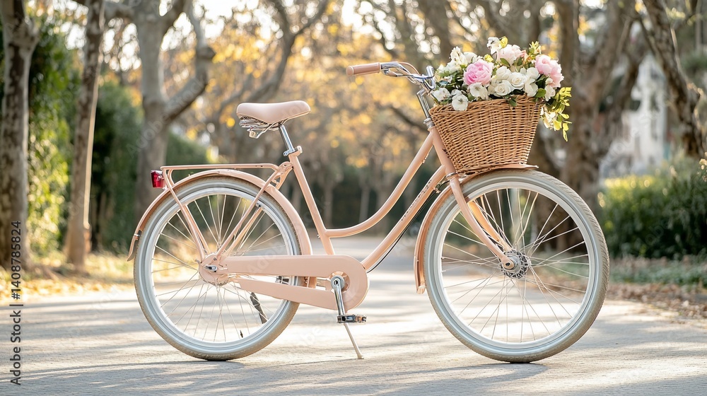 Fototapeta premium Elegant pink bicycle with a basket of flowers on a tree-lined avenue