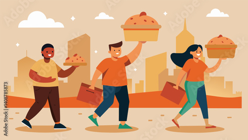 As the day comes to an end the streets are filled with satisfied empanada enthusiasts happily carrying their leftover snacks in togo boxes.. Vector illustration