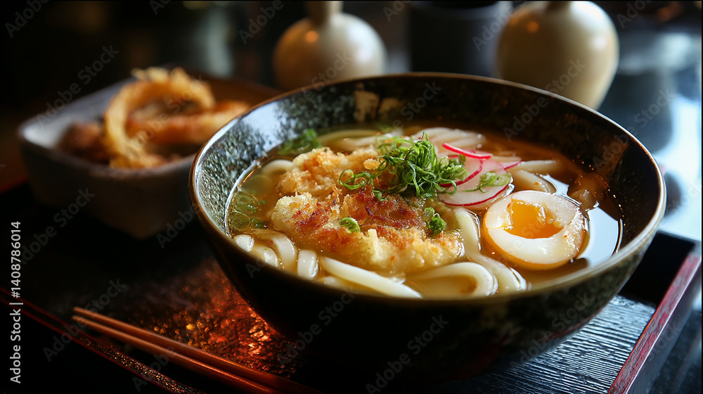 Classic udon with tempura flakes and soft-boiled egg dip Classic udon with tempura flakes and soft-boiled egg dip