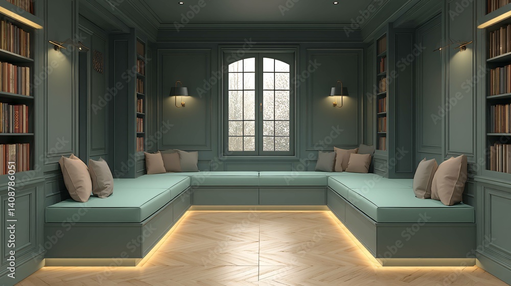 Fototapeta premium Elegant room with seating around a window, surrounded by bookshelves