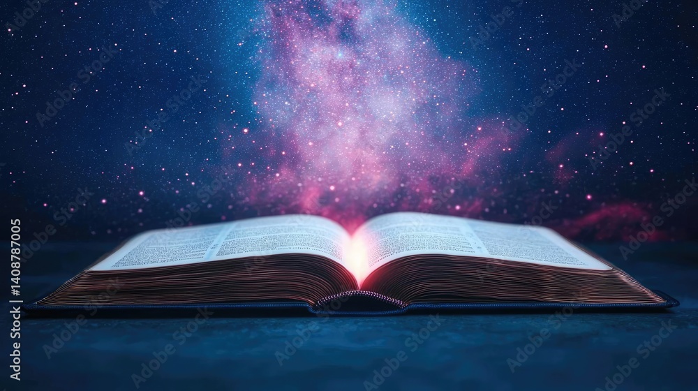Open book under starry sky symbolizing learning and cognition concept. An open book shines with cosmic light against a starry background. Open book under starry sky symbolizing learning and cognition concept. An open book shines with cosmic light against a starry background.