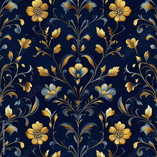 Elegant Floral Pattern Design with Golden Accents on Dark Background