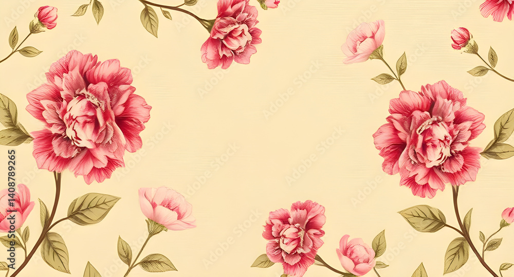 framework of antique floral fabric with clusters of pink flowers on a beige background framework of antique floral fabric with clusters of pink flowers on a beige background