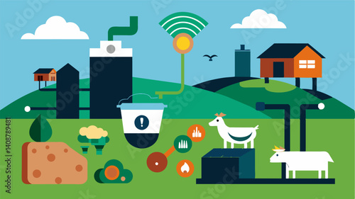 Automated Waste Management Smart sensors and systems are used to manage waste from livestock reducing its environmental impact and improving overall hygiene in the farm.. Vector illustration