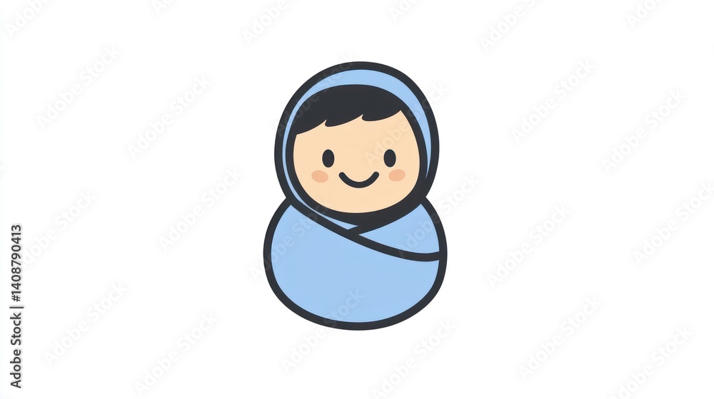 Happy baby swaddled in blue blanket, infant care, white background, newborn illustration Happy baby swaddled in blue blanket, infant care, white background, newborn illustration