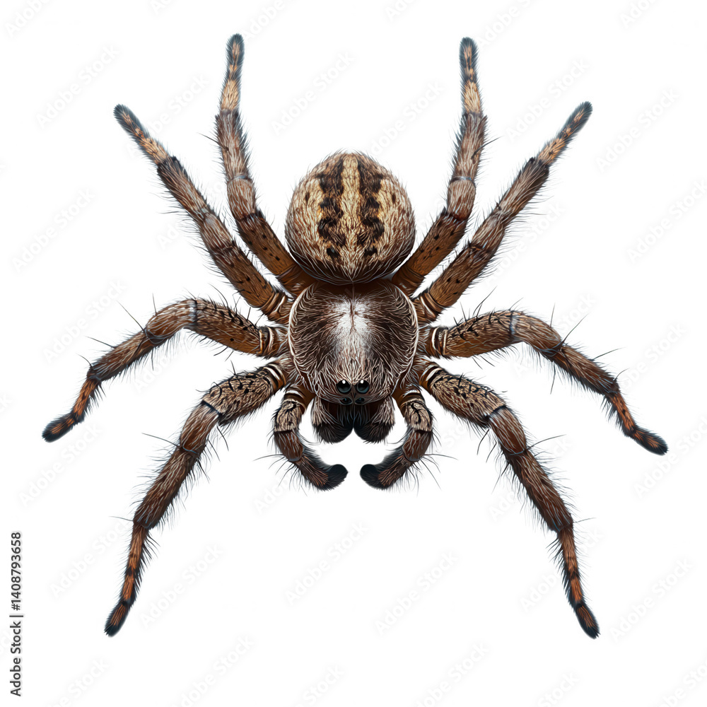 Close up image of brown wolf spider arachnid with detailed hairy legs insect on transparent background Close up image of brown wolf spider arachnid with detailed hairy legs insect on transparent background
