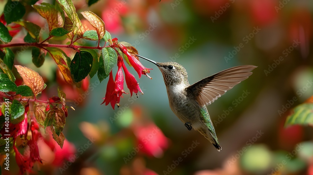 Fototapeta premium Hummingbird feeding from vibrant flowers.