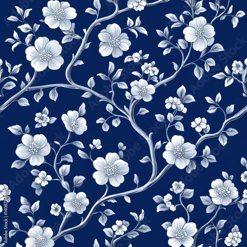 Elegant Floral Pattern Design on Dark Blue Background for Textile