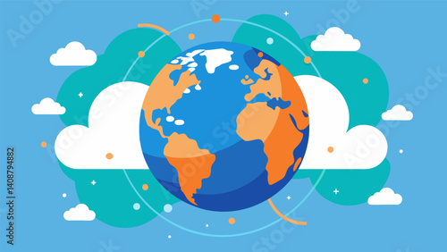 A globe surrounded by clouds symbolizes the global accessibility and connectivity of data through cloud computing solutions.. Vector illustration