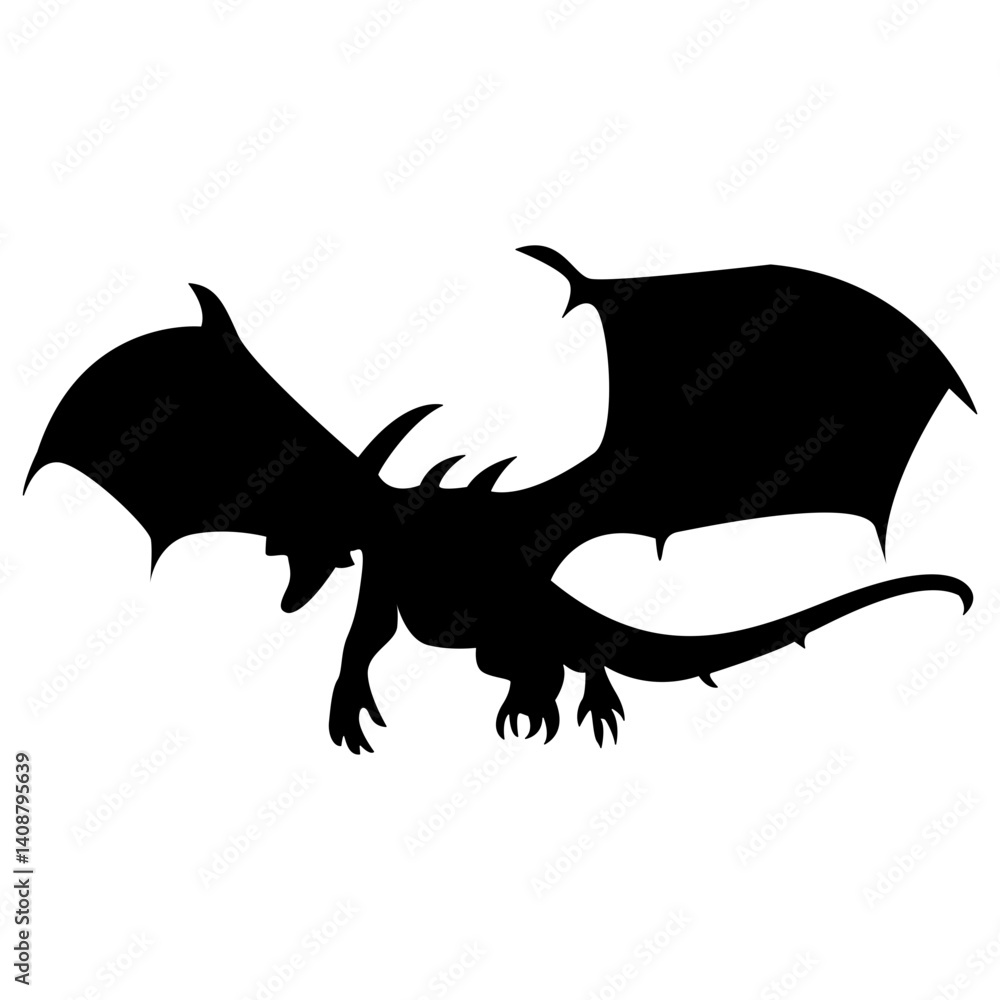 Fototapeta premium Flying Dragon Black Silhouette Isolated on White Background.