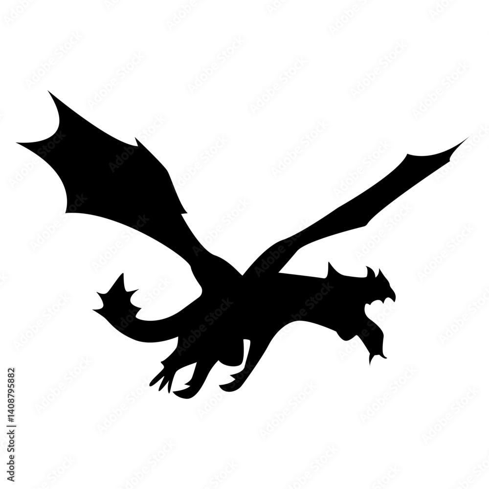 Fototapeta premium Flying Dragon Black Silhouette Isolated on White Background.