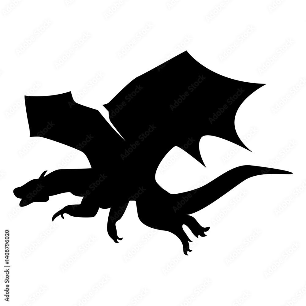 Fototapeta premium Flying Dragon Black Silhouette Isolated on White Background.