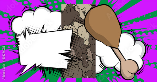 Cartoon chicken drumstick and thigh with blank speech bubble, comic book Food background. Retro vector comics pop art design.
