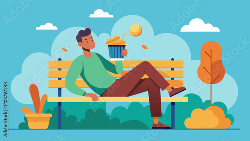 Lounging on a park bench soaking up the Spanish sun and enjoying warm churros filled with dulce de leche accompanied by a cup of rich hot chocolate.. Vector illustration