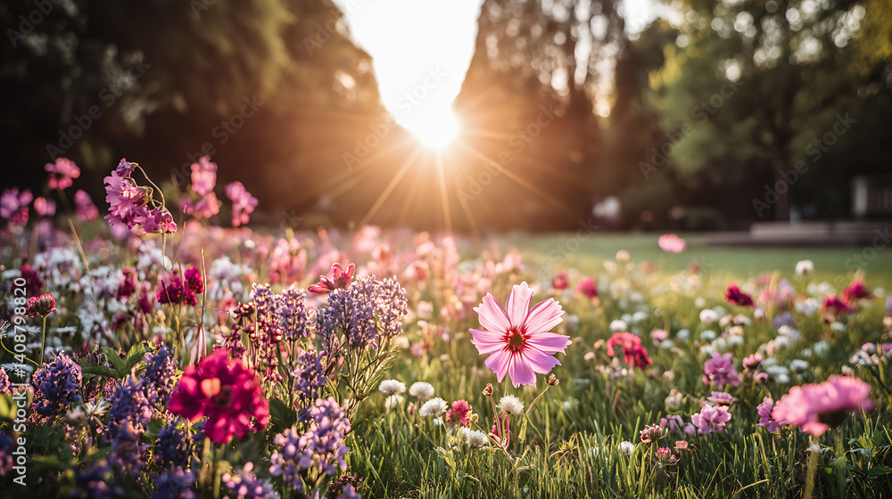 Obraz premium A vibrant meadow bathed in the golden light of the rising sun, showcasing a colorful array of wildflowers, conveying a sense of serenity and the beauty of natural light.