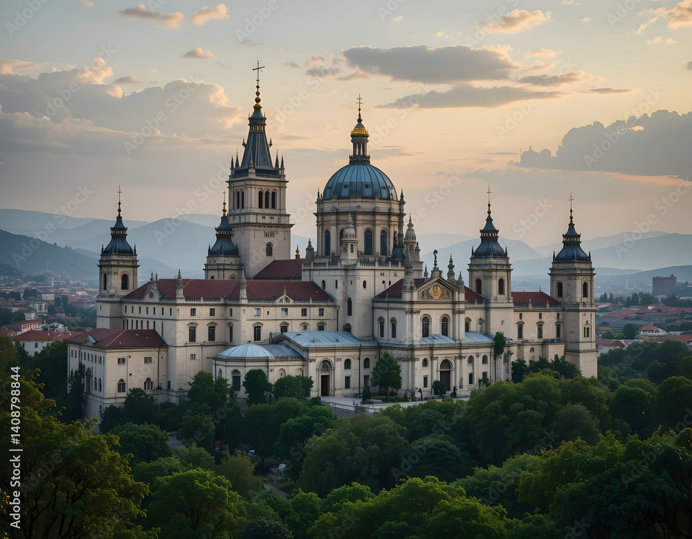 Obraz premium Majestic Cathedral at Sunset with City View