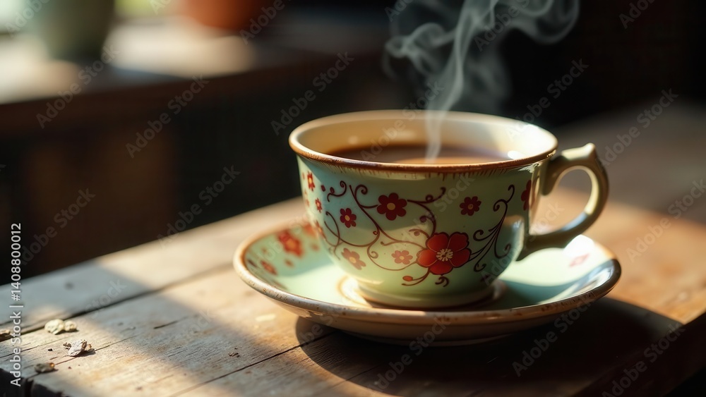 Fototapeta premium Aromatic Steam Rising From a Vintage Floral Teacup on Rustic Wooden Surface