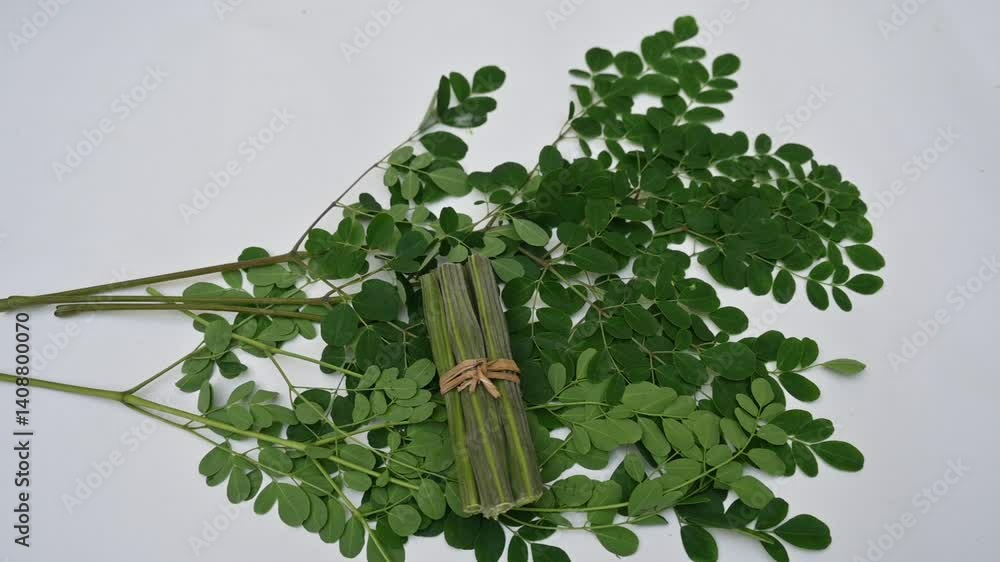 Moringa oleifera or drumstick pods on white background. This is a Moringaceae family tree. Its other names  moringa, horseradish, and ben oil tree and benzolive. It is a popular vegetable. Slow motion