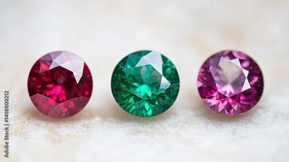 Close-up of a sparkling ruby, emerald, and sapphire trio on a matte background Close-up of a sparkling ruby, emerald, and sapphire trio on a matte background