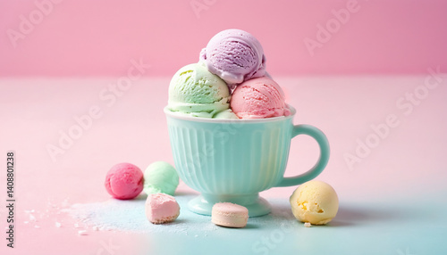 Mixed flavor ice cream scoops in bowl.