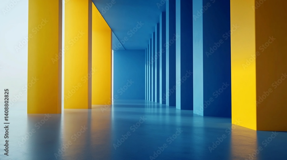 Obraz premium A minimalist hallway with alternating yellow and blue pillars creating a sense of depth