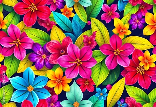 Abstract seamless pattern of vibrant colorful flowers and leaves High-resolution photo, graphic, fabric