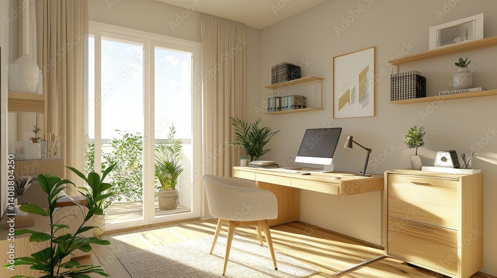 Modern, light-filled home office with natural elements. Modern, light-filled home office with natural elements.