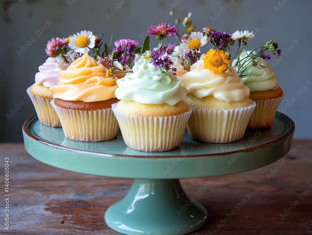 Colorful cupcakes adorned with flowers, displayed on a green cake stand against a rustic background.
