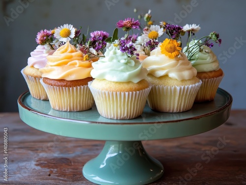 Obraz na płótnie Colorful cupcakes adorned with flowers, displayed on a green cake stand against a rustic background. w salonie