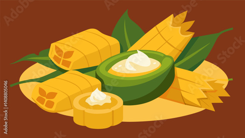 Delicate slices of traditional cheese wrapping around corn husks adding a touch of creaminess to the Pachamanca feast.. Vector illustration