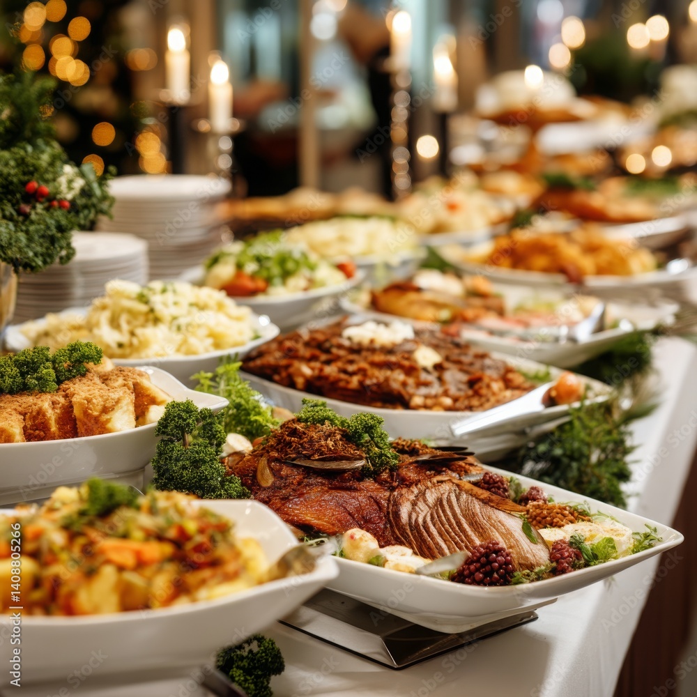 Exquisite Array of Gourmet Dishes Served on a Festive Table for a Holiday Celebration, Featuring Rich Colors and Elegant Presentation in a Cozy Atmosphere Exquisite Array of Gourmet Dishes Served on a Festive Table for a Holiday Celebration, Featuring Rich Colors and Elegant Presentation in a Cozy Atmosphere