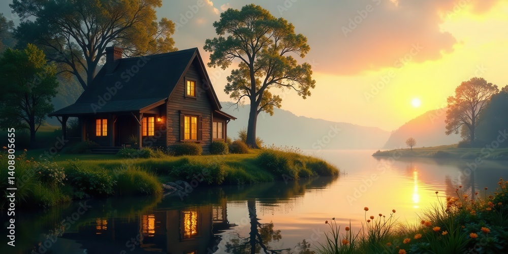 Fototapeta premium Serene Lakeside Cabin at Sunset A Peaceful Waterfront Retreat Reflecting Golden Hour Light