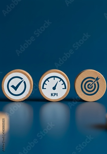 Obraz na płótnie sales, marketing, KPI, business performance indicators, Data management system icon on wooden block to make report with KPI, metrics connected to database. finance, operations, w salonie