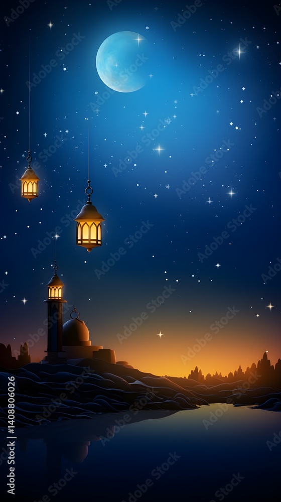 Naklejka premium Ramadan Night Sky with Moon Mosque and Lanterns