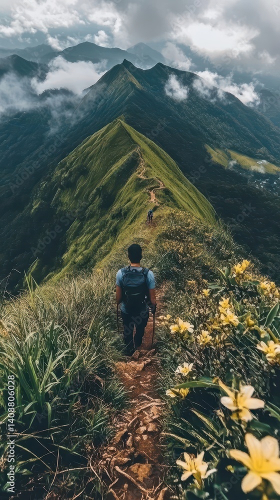 Naklejka premium A lone hiker traversing a lush mountain ridge towards distant peaks