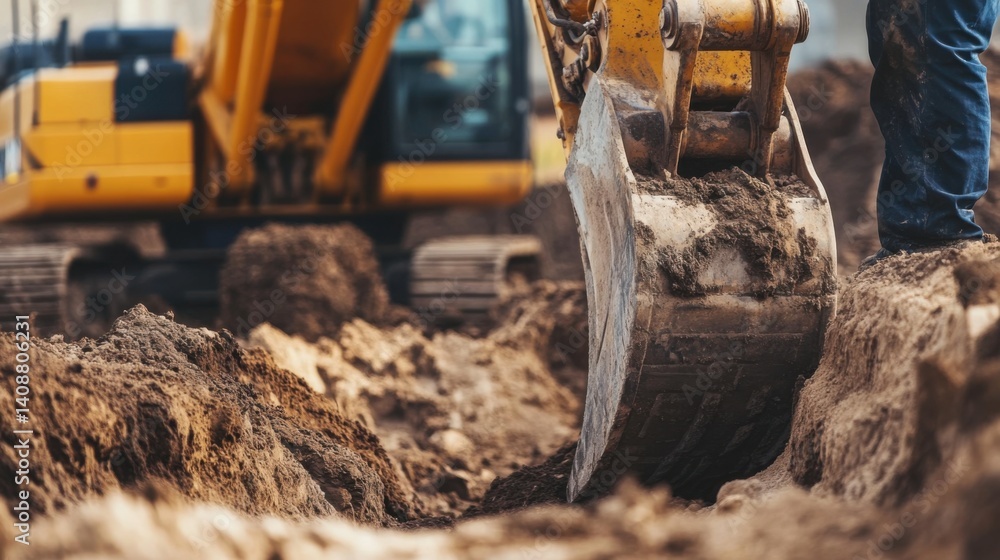 Fototapeta premium Heavy machinery operator digging trench for utility installation at site. Featuring strength and expertise