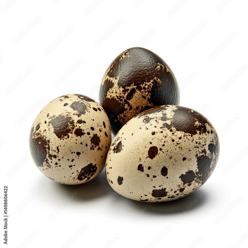 Obraz premium Three Quail Eggs: A Close-Up Shot of Speckled Quail Eggs on White Background