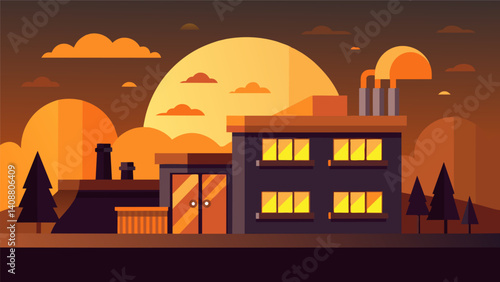 As the sun sets over the factory the warm glow of the lights inside creates a cozy ambiance making it clear that dulce de leche is a true passion for the workers of this. Vector illustration
