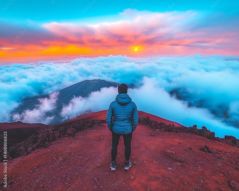 Fototapeta premium Person contemplates the beautiful sunset above clouds on a mountain