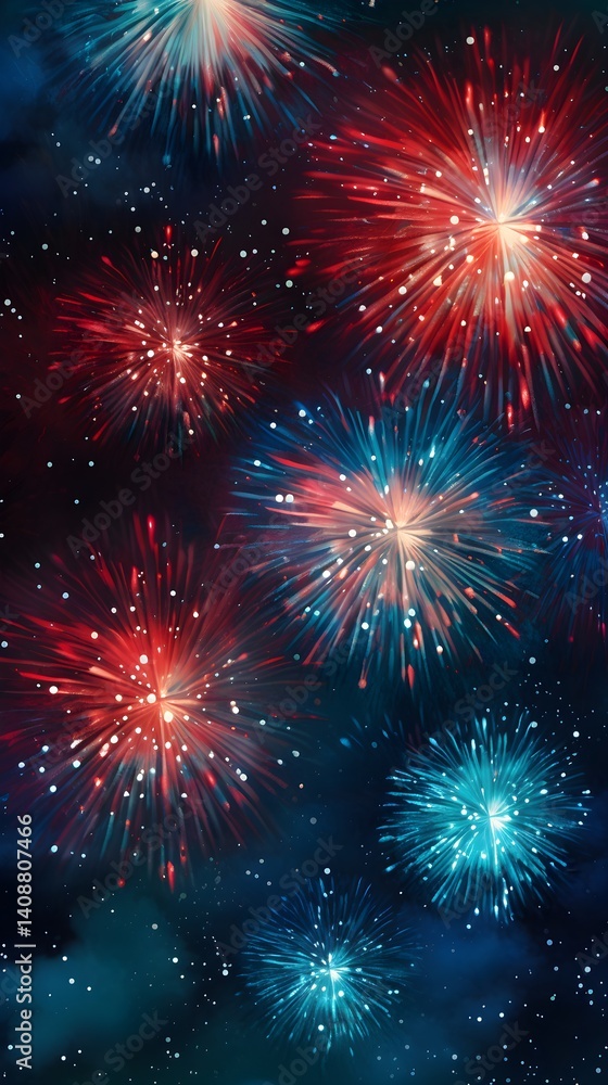 Naklejka premium Festive Red and Blue Fireworks Display Against a Dark Night Sky