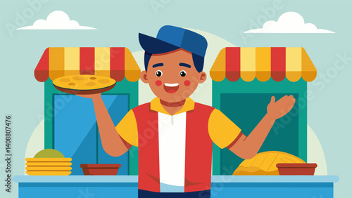 An energetic salesperson entices passersby to try their traditional Venezuelan cachapas promising a taste of authentic flavors straight from the streets of Venezuela.. Vector illustration