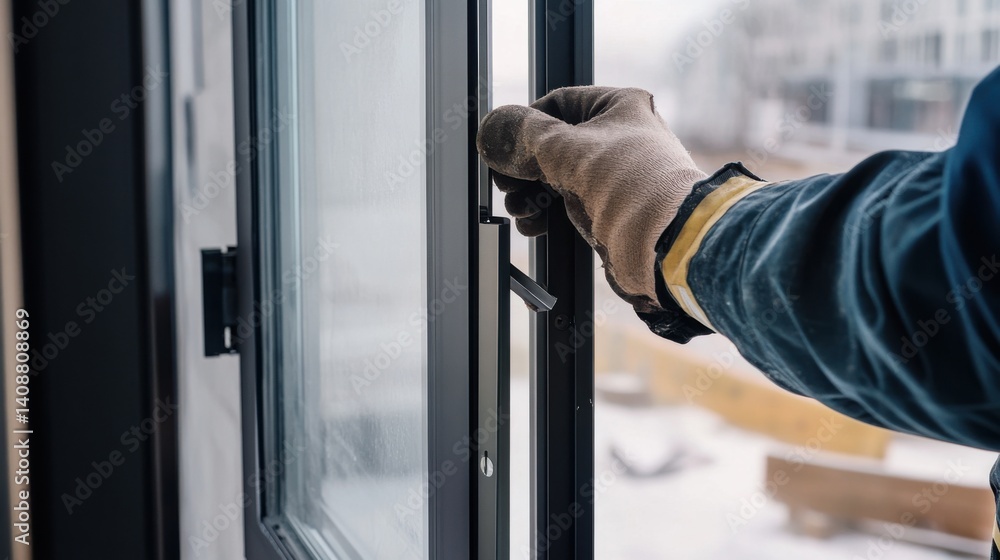 A construction worker installing windows in a building frame. Featuring attention to detail and skill A construction worker installing windows in a building frame. Featuring attention to detail and skill