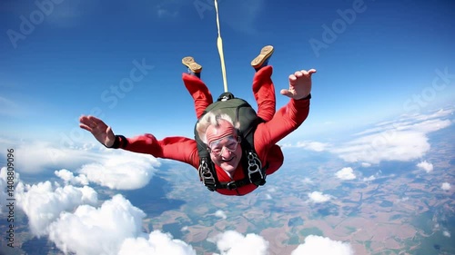 Slow motion of smiling senior skydiver with white hair looking at the camera. freefalling from a high place against a clear blue sky with white clouds floating around